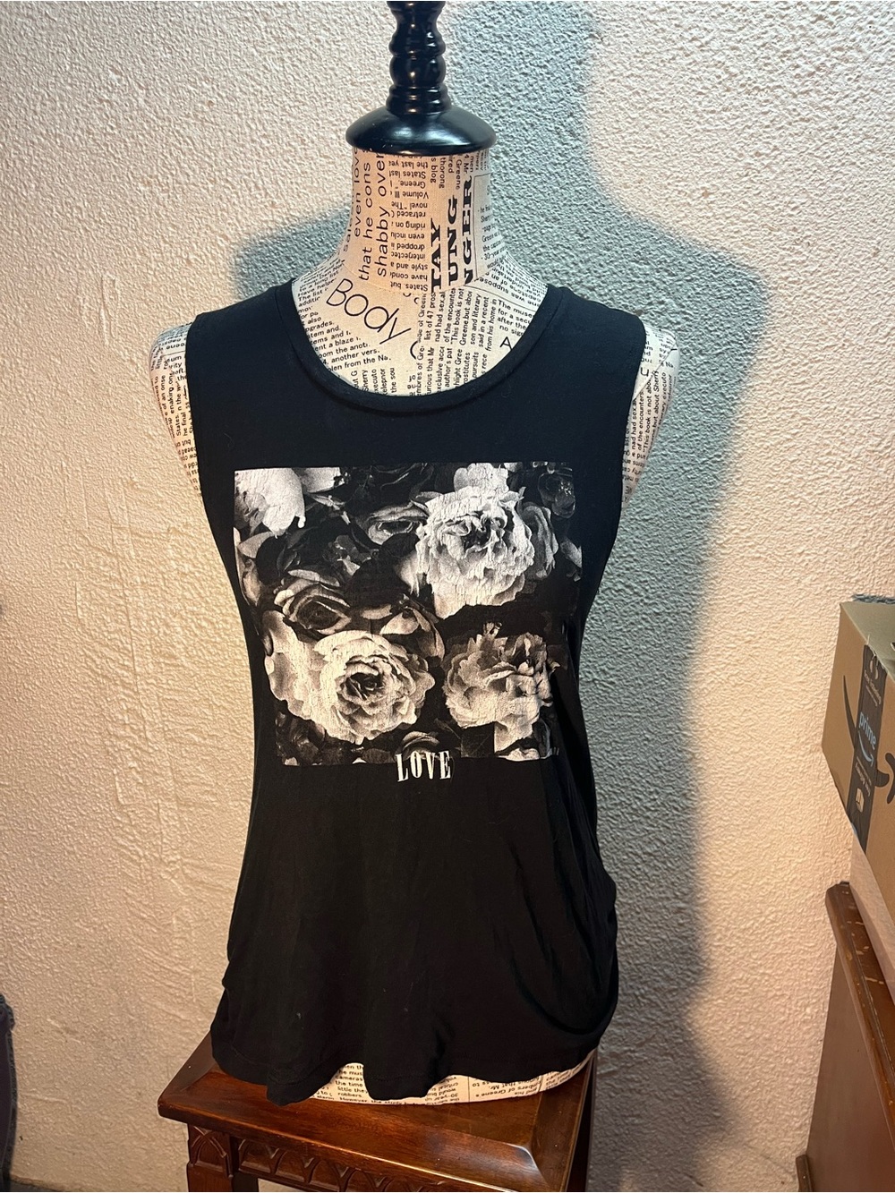 Express Black Floral Graphic Tank Top with LOVE Print